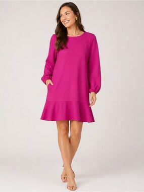 JUDE CONNALLY Sadie Dress L Magenta Pink Ruffle Hem Long Sleeve NWT